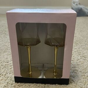 Rachel Zoe Faceted Geometric Gold Stem Wine Glasses New In Box Set of 2